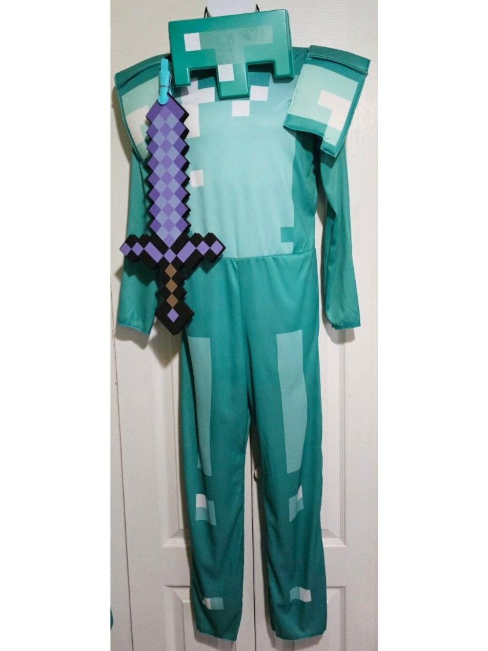 Minecraft Armor Costume Kids 10-12 Pixelated Purple Sword Steve Alex Helmet Mask